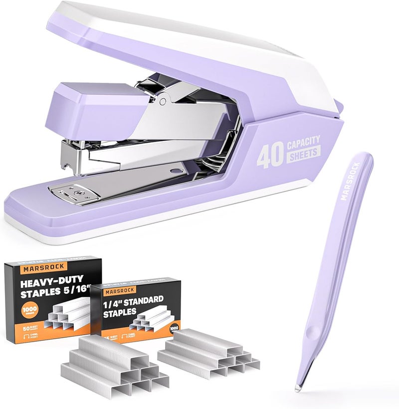 Mars-Rock Effortless Stapler for Desk with 40-50 Sheet Capacity, 2000 Staples, 1-Touch Stapling, Ergonomic & Easy to Load Desktop Staplers, Heavy Duty Stapler, and Magnetic Staple Remover, Purple - Image 1
